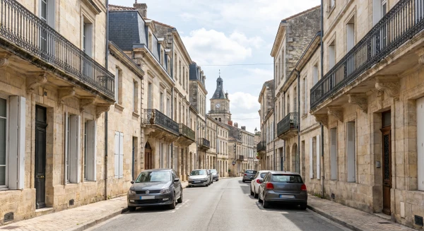 Photographie urbaine professionnelle de Marmande montrant un élément caractéristique de la ville, tel qu'une vue de la rue principale avec l'architecture locale typique de Lot-et-Garonne, des bâtiments résidentiels ou commerciaux, ou un point de repère urbain représentatif. L'image doit être claire, prise sous un bon éclairage naturel, sans personnes au premier plan, illustrant le cadre géographique et urbain spécifique de Marmande pour les zones d'intervention de CNR.
